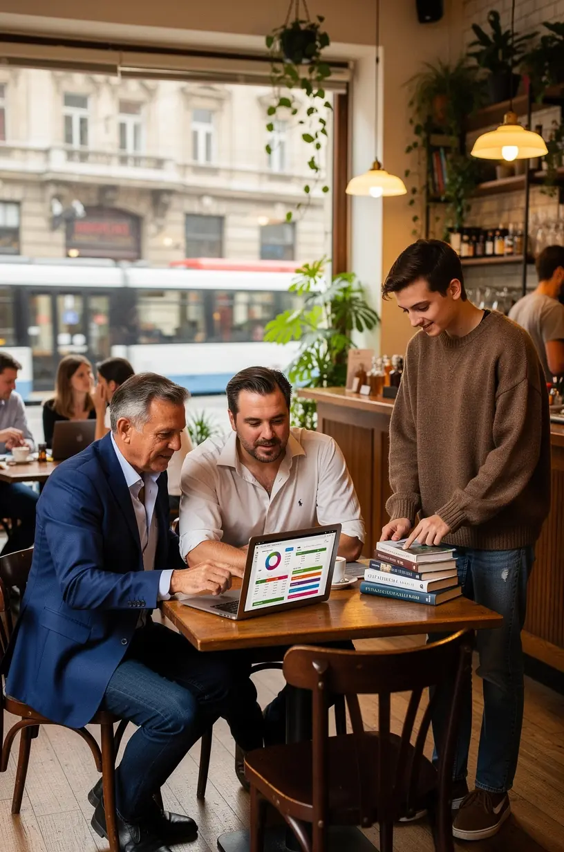 Minimalista íróasztal, rajta pénzügyi könyvek és egy csésze tea mellett notebook állásával