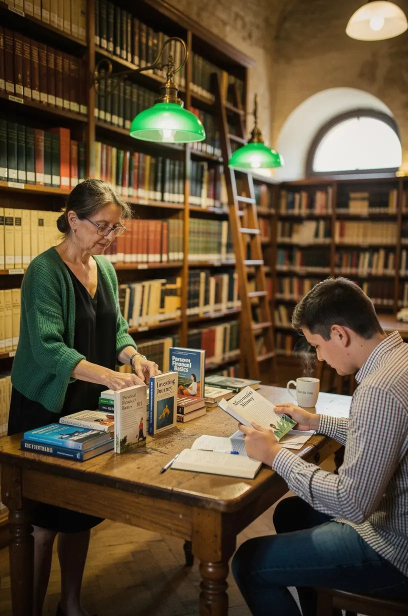 Könyvek személyes pénzügyi stratégiákról rendezett polcon